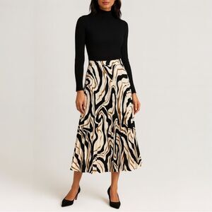 Chico’s Pleated Midi Skirt – Abstract Zebra Print Black Beige Brown Sz 1.5/10